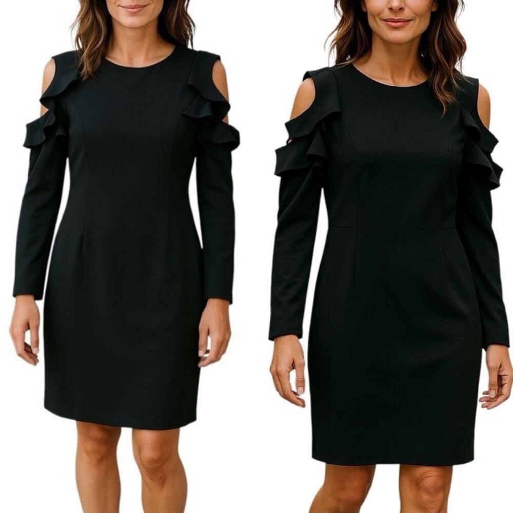 Calvin Klein Black Cold Shoulder Ruffle Long Sleeve Sheath Dress
